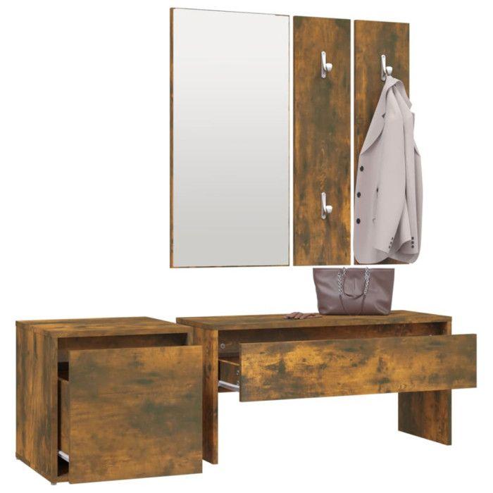 VidaXL Ensemble de Meubles de Couloir Banc d'Entrée Miroir Panneau de Portemanteau Ensemble de Vestiaire Chêne Fumé Bois 3120194