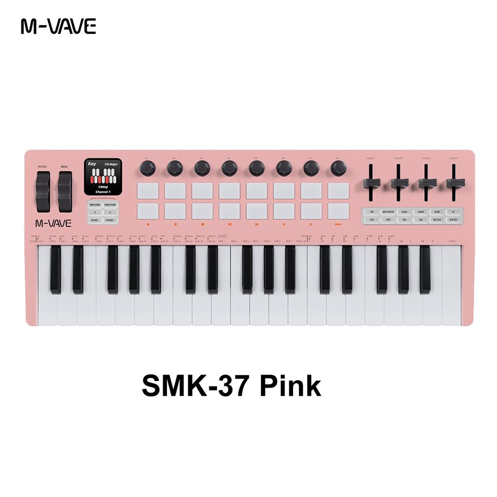 M-VAVE SMK-37 37-клавишный PRO MIDI-клавиатура-контроллер с 16 RGB-пэдами и 8 ручками, поддерживает беспроводное подключение к нескольким системам