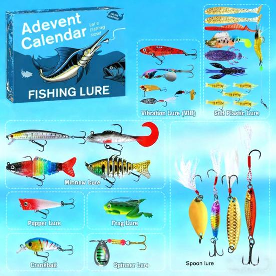 24Pcs/Set Christmas Fishing Lure Advent Calendar Artificial Soft Hard Bait Accessories Countdown Calendar Box Fishing Enthusiasts Holiday Gift
