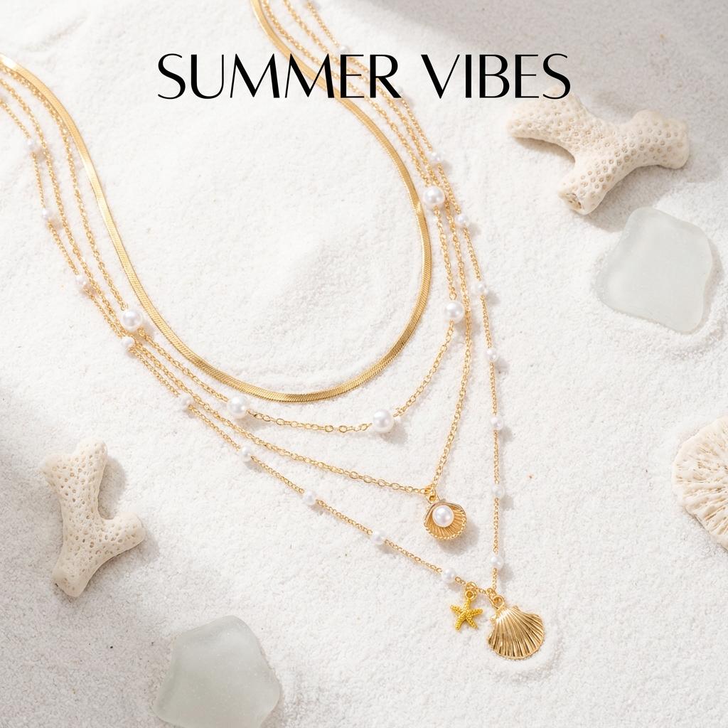 4Pcs Starfish Shell Imitation Pearl Necklaces Set for Women Simple Chain Multi-layer Necklaces Trendy Summer Beach Jewelry Gift