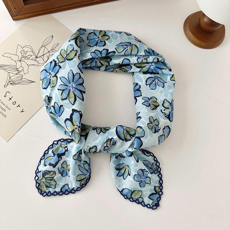 70% Cotton Linen Small Square Silk Scarf - Korean Style Floral Design for Versatile Neckwear and Decorative Use