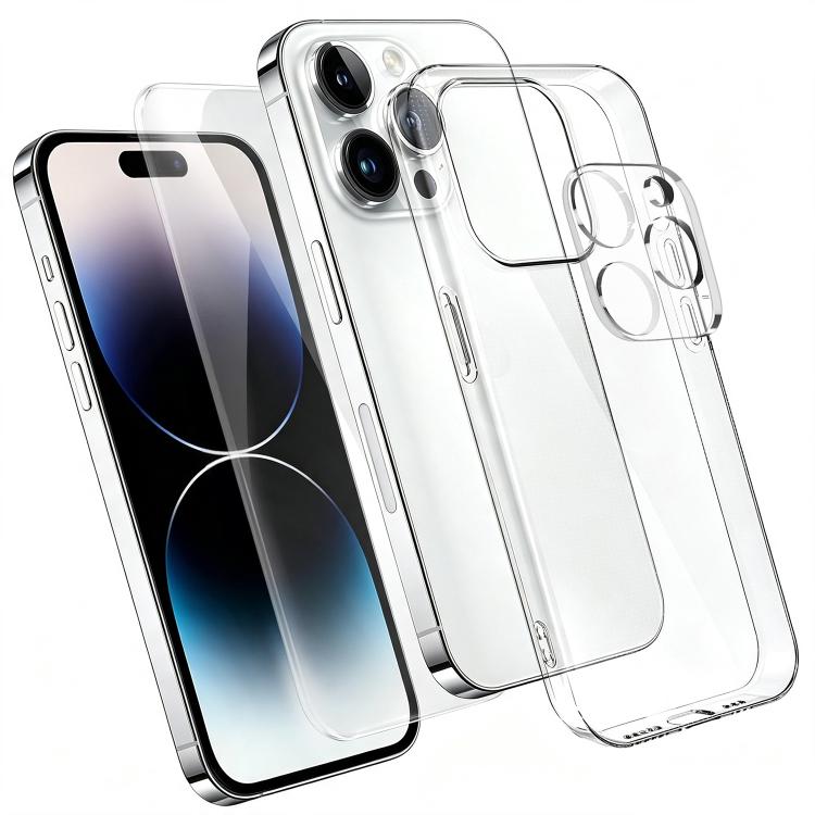 3‑in‑1 Set Clear TPU Phone Case + High Alumina Tempered Glass Screen & Lens Protector For iPhone