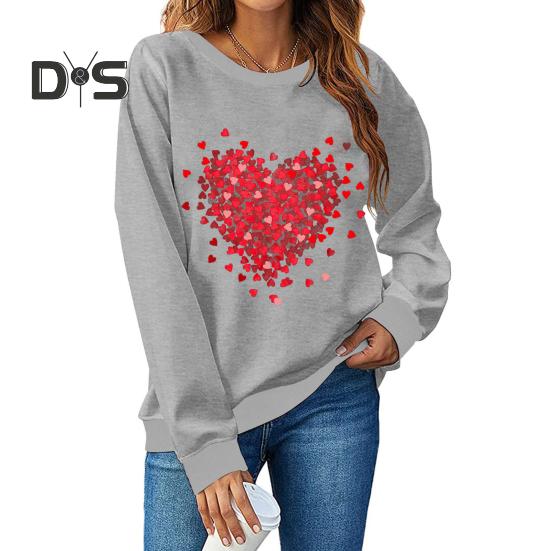 Женская толстовка с капюшоном на День святого Валентина, женская толстовка с принтом в виде сердца, круглый вырез, длинный рукав, свободный пуловер, топы