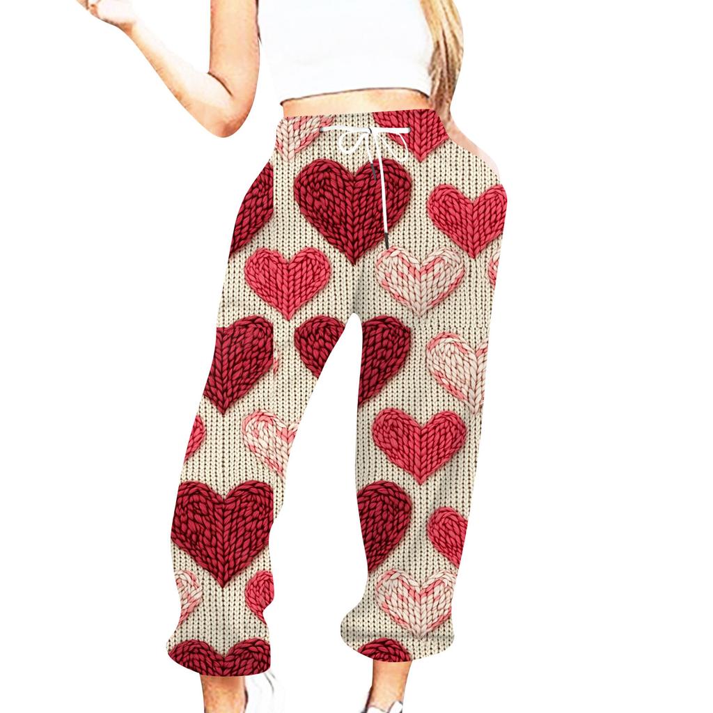 Женская повседневная мода День святого Валентина Повседневные брюки с принтом Спортивные брюки Брюки с эластичной резинкой на талии со шнурком Брюки со шнурком