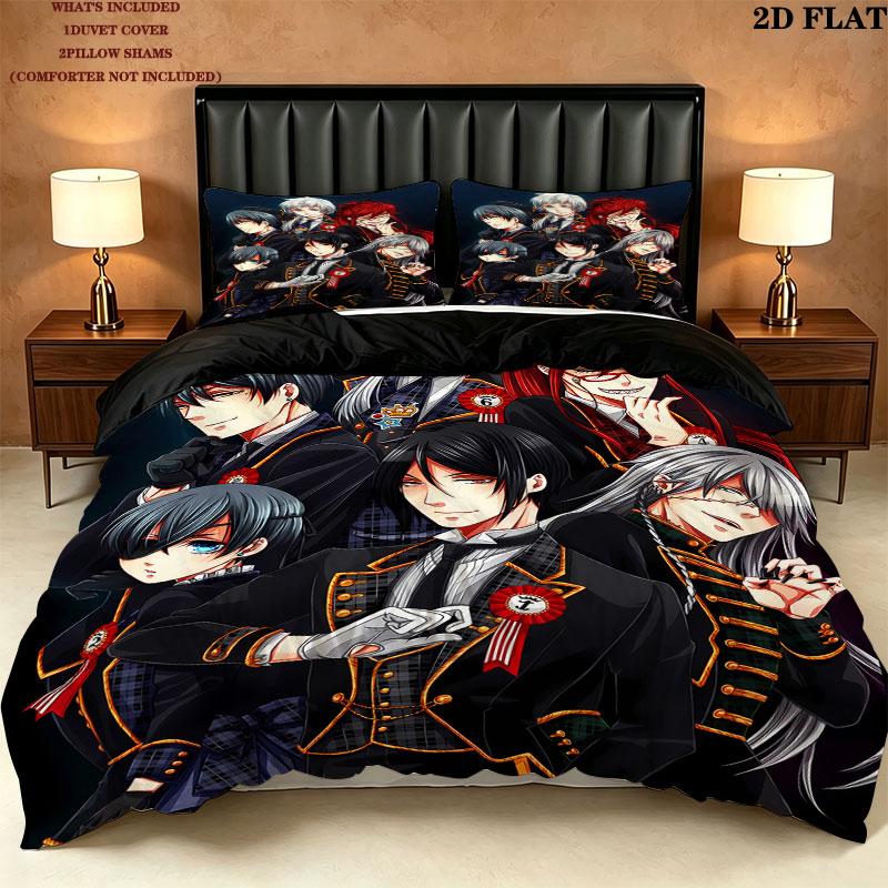 Black Butler Pattern Bedding Quilt Set Quilt Cover Pillowcase Home Birthday Gift(1 * duvet cover + 2 * pillowcase, without core)