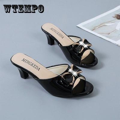 Модные универсальные женские туфли на высоком каблуке с бантом на шпильке, верхняя одежда, тапочки на среднем каблуке с рыбьим ротом, сандалии большого размера, женская обувь