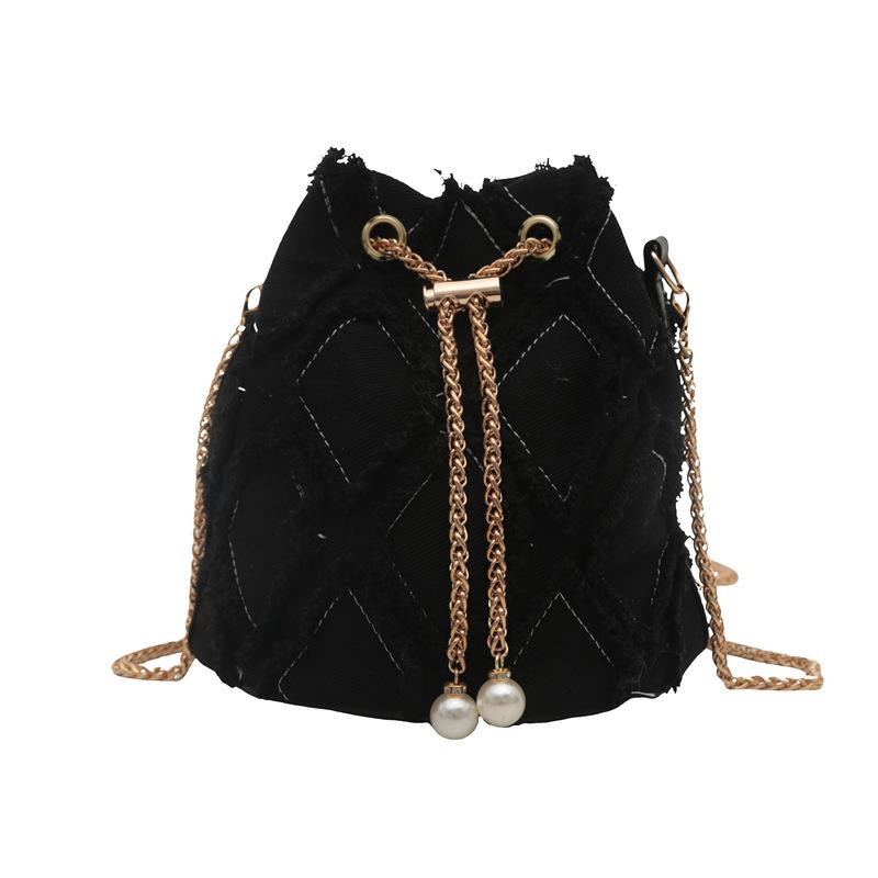 Niche Design Denim Rhombus Bucket Bag Crossbody Trend Drawstring Fringed Pearl Chain Crossbody Bag