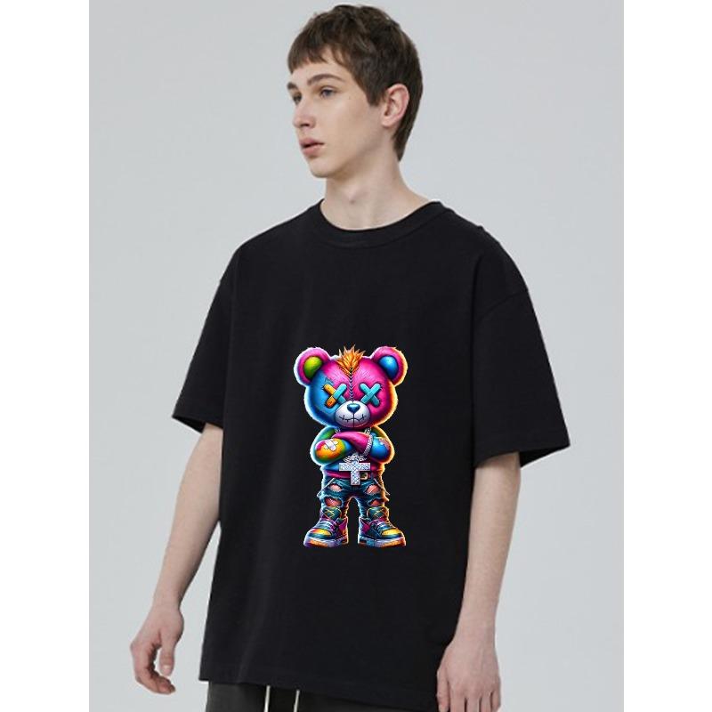 Унисекс Футболка Оверсайз Черная Принт Граффити Медведь Kaws Уличная Мода Повседневная Одежда для Мужчин и Женщин Художественный Дизайн Тренд Сезонная Вещь