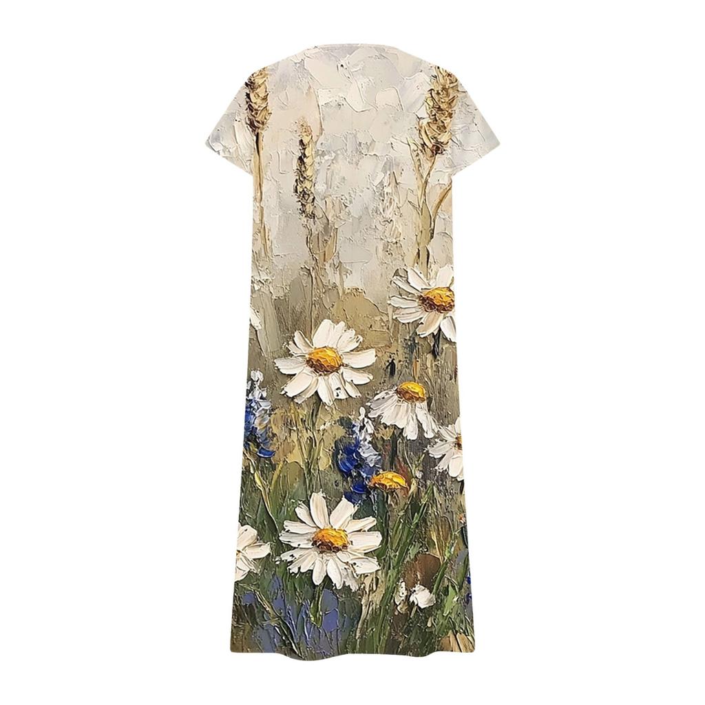 Fashion Women's Summer V-neck Short Sleeve Cotton And Linen Vintage Floral Print Beach Dress