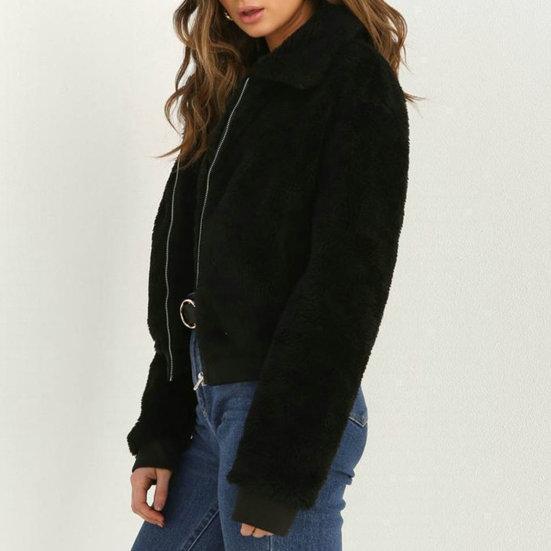 Женское зимнее пальто, толстое плюшевое однотонное пальто с длинными рукавами на молнии, мягкие теплые карманы с лацканами, повседневная эластичная манжета, уличная короткая куртка