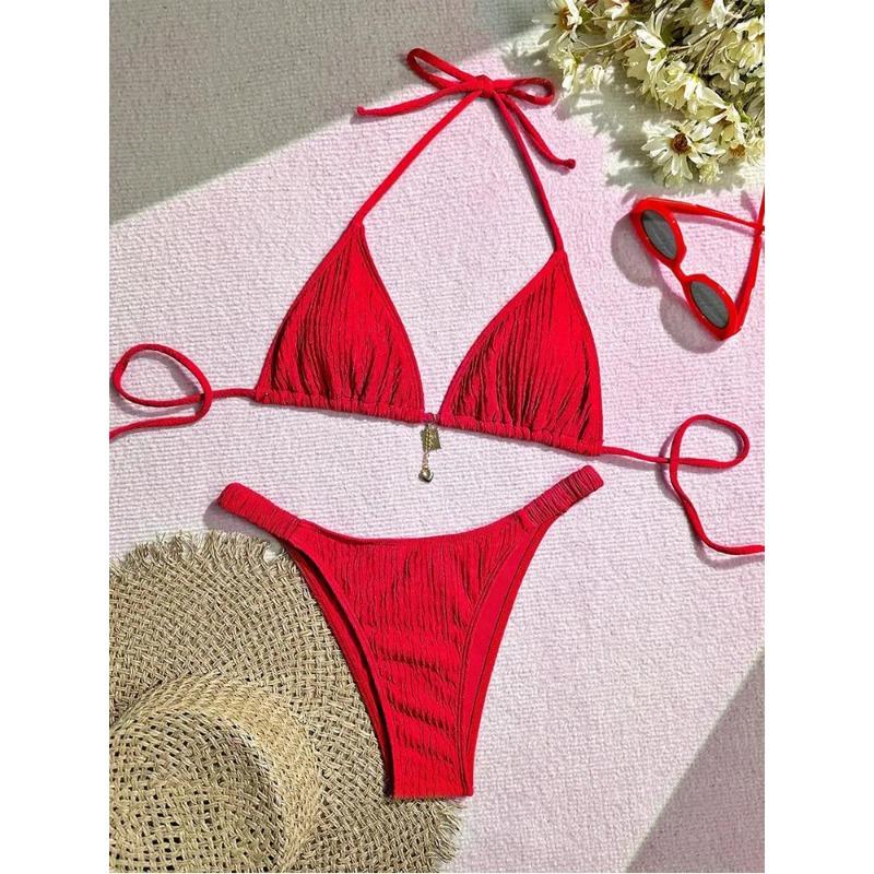Розовый текстурированный треугольный бикини-комплект с подвеской, стринги, купальник из двух частей