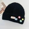 Age-reducing button wool hat Women's autumn and winter face is small and versatile knitted hat Big head circumference thermal ear protection hat