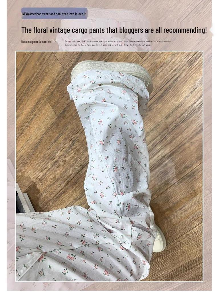 Женские брюки карго широкие из ледяного шелка с цветочным принтом на весну/лето 2025: Свободный Ретро Спортивный Стиль