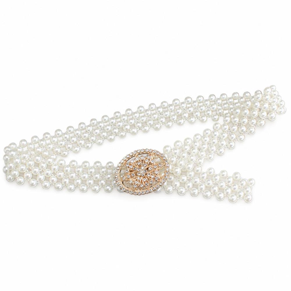 White Imitation Pearl Elastic Belt Metal Waist Chain New Beaded Belt Party Accessories