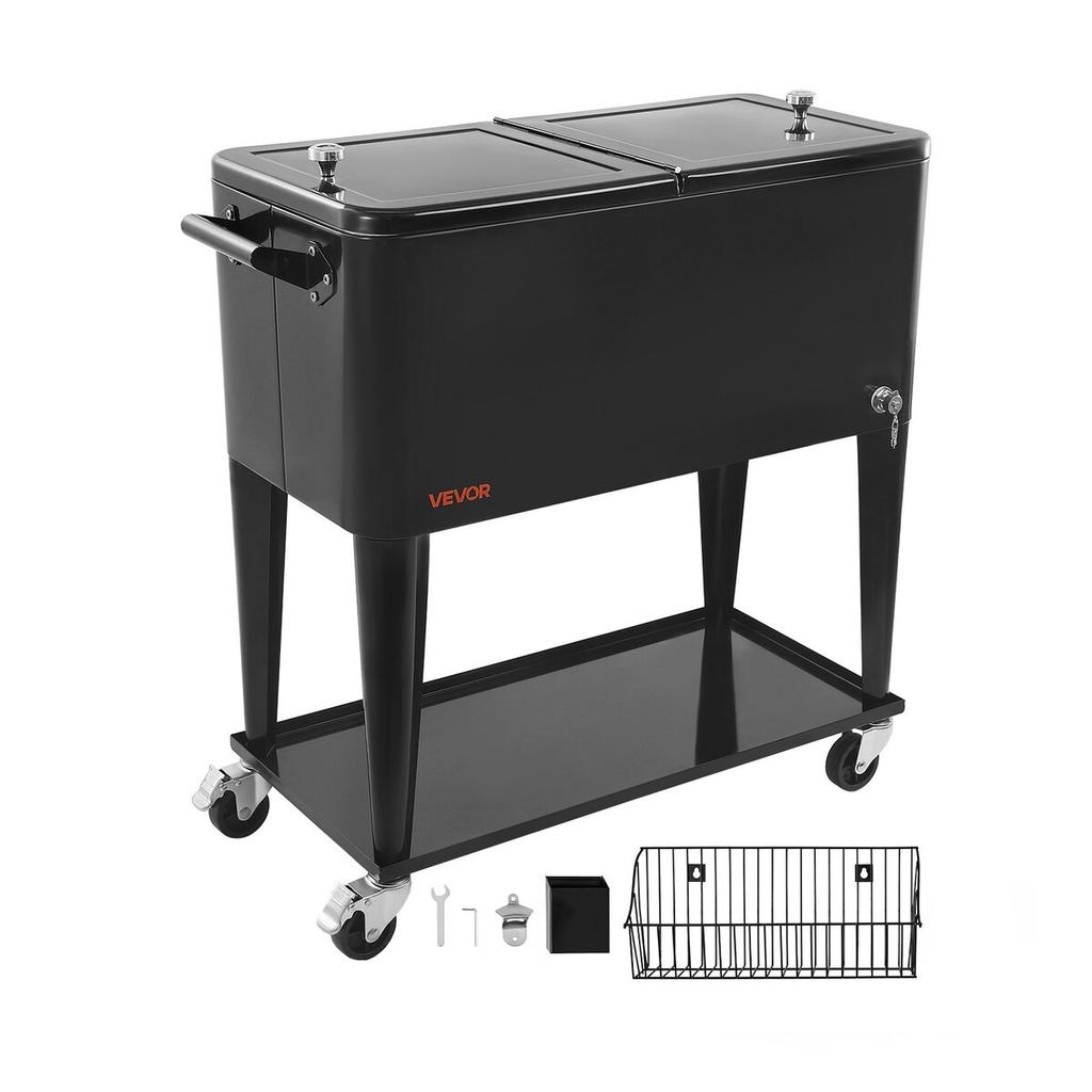 75.71 L Rolling Ice Chest, Holds up to 50 Bottles / 110 Cans, Portable Patio Party Bar Drink Cooler Cart with Bottom Shelf, Beverage Pool with Side