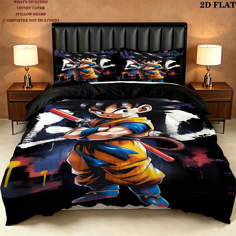 Cartoon Son Goku Pattern Bedding Quilt Set Quilt Cover Pillowcase Home Birthday Gift(1 * duvet cover + 2 * pillowcase, without core)