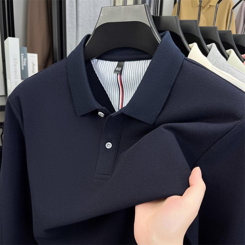 Мужская однотонная хлопковая рубашка-поло - Повседневный топ с длинным рукавом