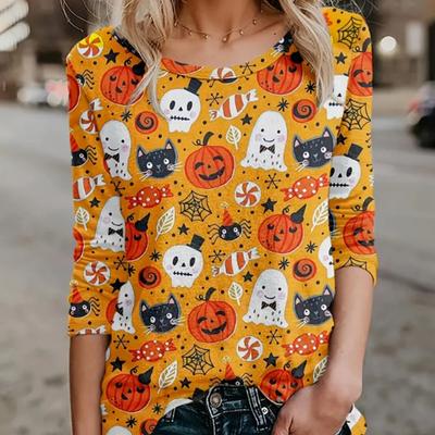 Топы для женщин, симпатичная футболка с принтом тыквы на Хэллоуин и круглым вырезом, длинный рукав, осенний повседневный тонкий пуловер, женский топ с длинным рукавом