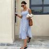 Women Casual Fashion Square Neck Sleeveless Color Block Striped High Waist Long Dress