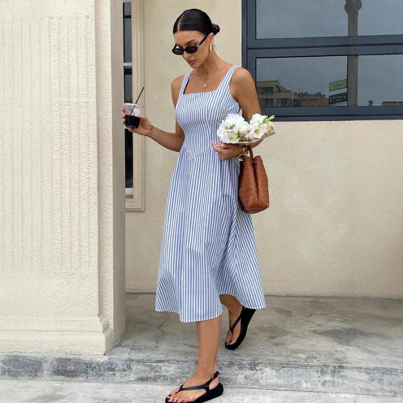 Women Casual Fashion Square Neck Sleeveless Color Block Striped High Waist Long Dress