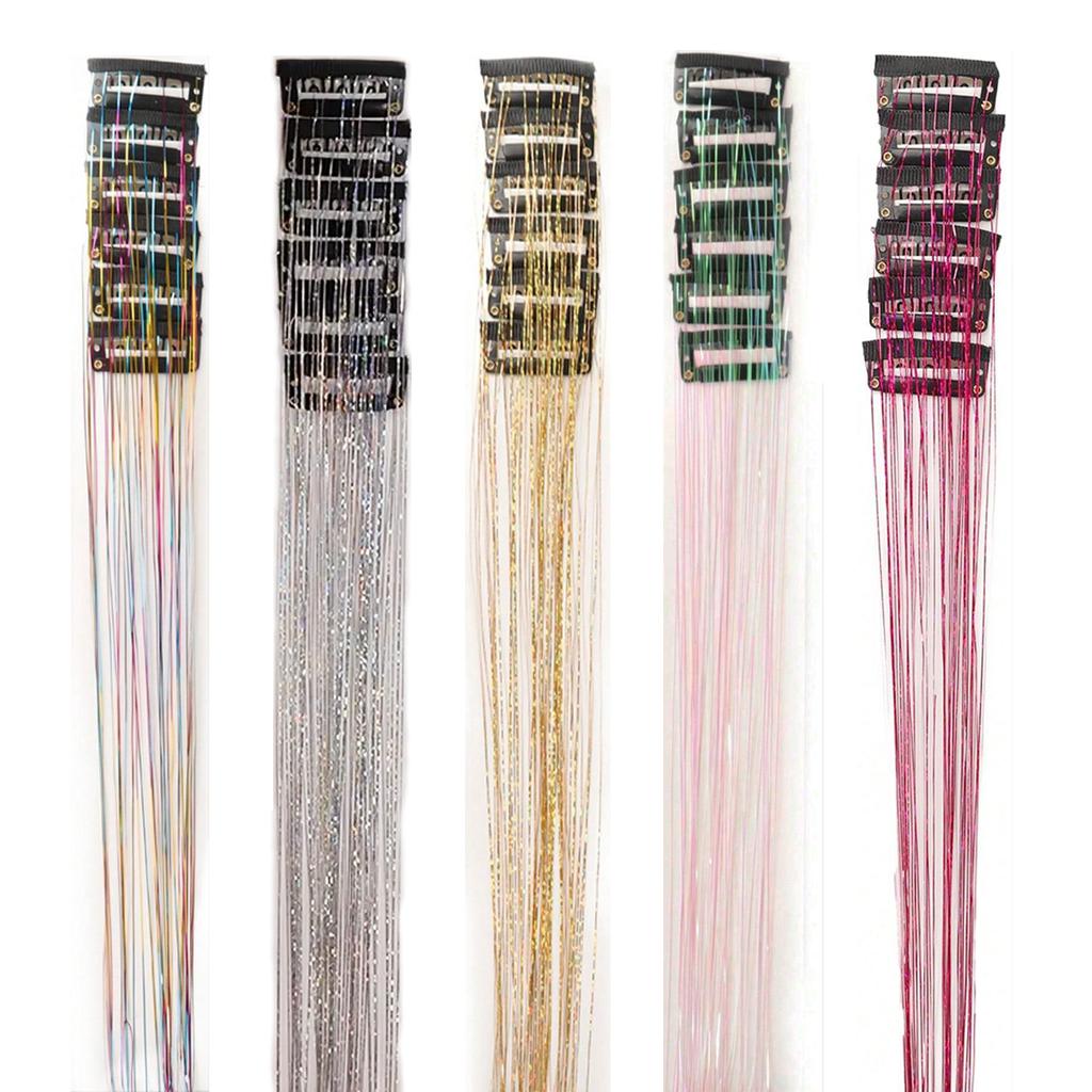 12pcs Synthetic Hair Tinsel Clip in 20inch Glitter Tinsel Hair Clip in Hair Tinsel Kit Heat Resistant Shiny Sparkle Fairy Hair