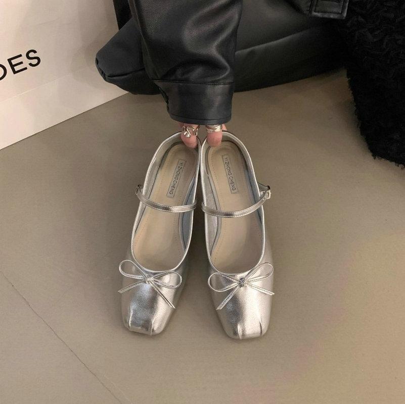 Модная женская обувь на плоской подошве Весна Осень 2024 Обувь Мэри Джейн Новые туфли-лоферы с квадратным носком и черным бантом Женская обувь Женская обувь Большой размер 43 44