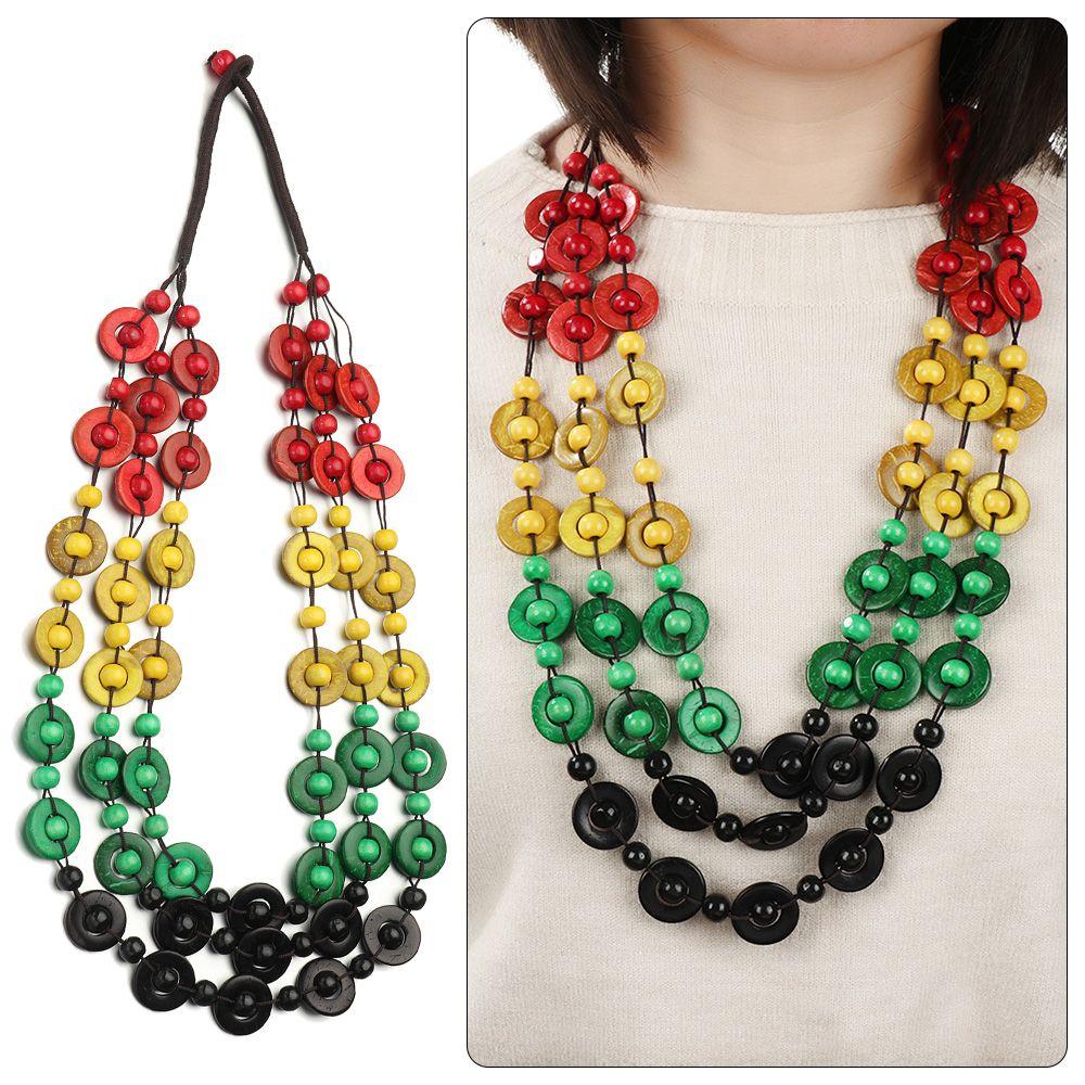 Women Bead Woven Long Necklace Bohemian Ethnic Coconut Shell Pendant Multi-layered