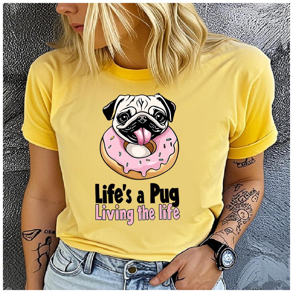 Cotton Lifes a Pug Living the Life Donut Pug Graphic Women TShirt Cute Dog Lover Casual Short Sleeve Tee