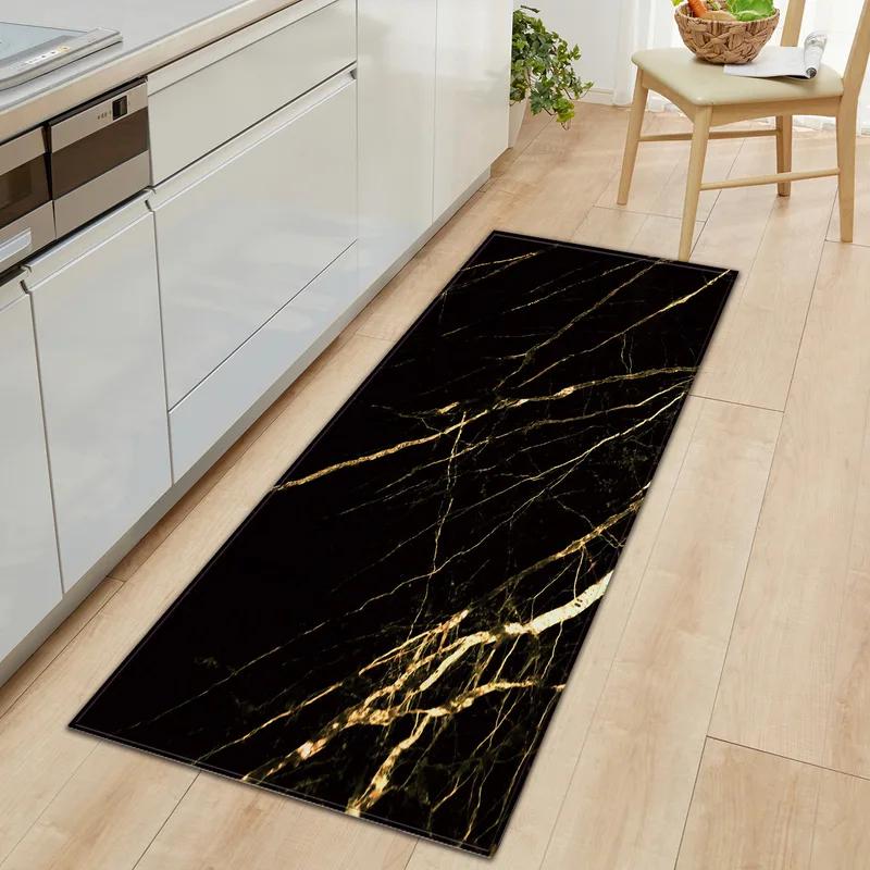 Black White Marble Print Long Runner Rug Non-slip Washable Kitchen Floor Mat Modern Abstract Home Decor Carpet