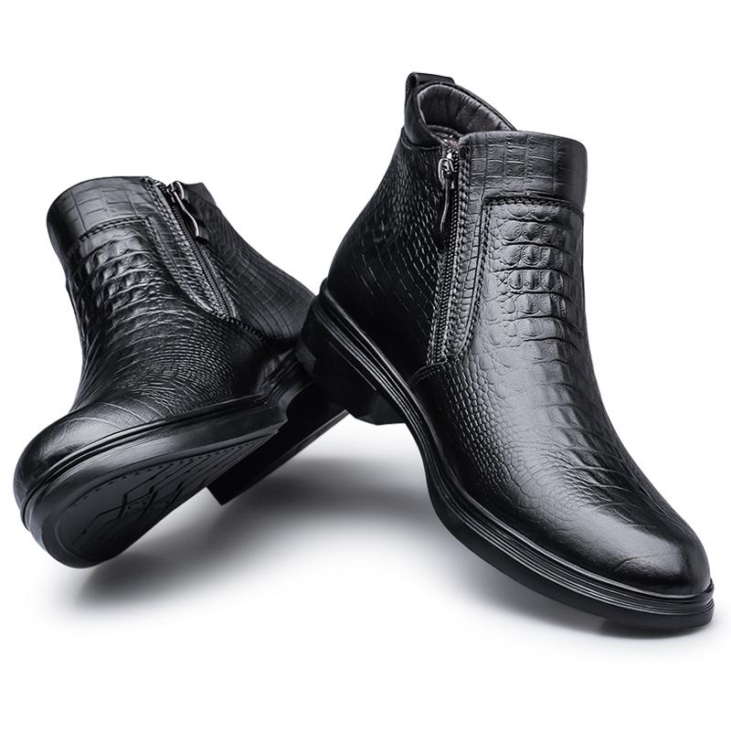 Качественная коровья кожа, деловые мужские ботинки, осенне-зимние теплые меховые сноубутсы, мужские ботильоны с крокодиловым узором, мужская обувь, размер 46