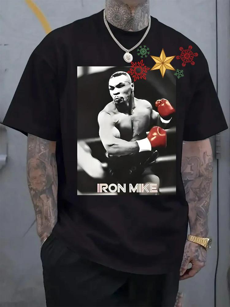 Iron Mike Tyson cotton men's round neck short sleeve T-shirt with dynamic boxing printing, casu