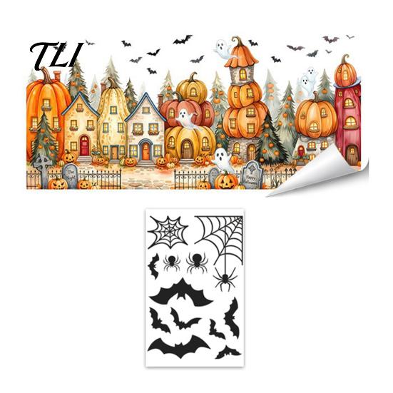 Easy Apply Glass Clings Halloween Window Clings, Pumpkins Skeletons Ghosts And Bats Print Decorative Decals, Electrostatic PVC Static