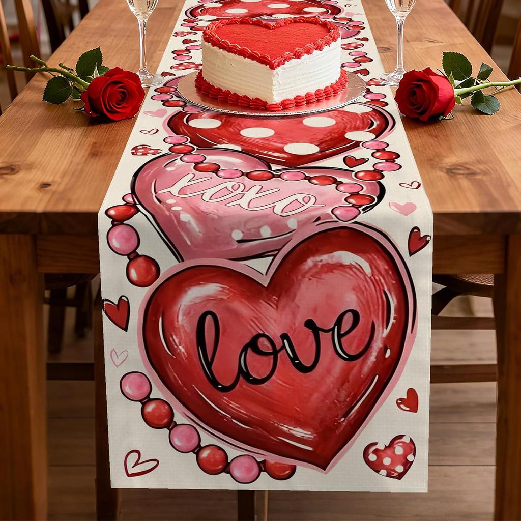 72 x 13 Inch Valentines Day Table Runner – Red and Pink Hearts with Love and XOXO Lettering, Polka Dot Heart Pattern for Dining Room, Kitchen, and