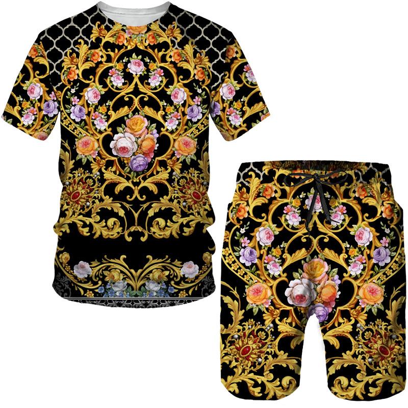 Винтажный узор с 3D принтом для мужчин, летние футболки с короткими рукавами + шорты, комплект из 2 предметов, наряд для пары, стильный хипстерский уличный костюм