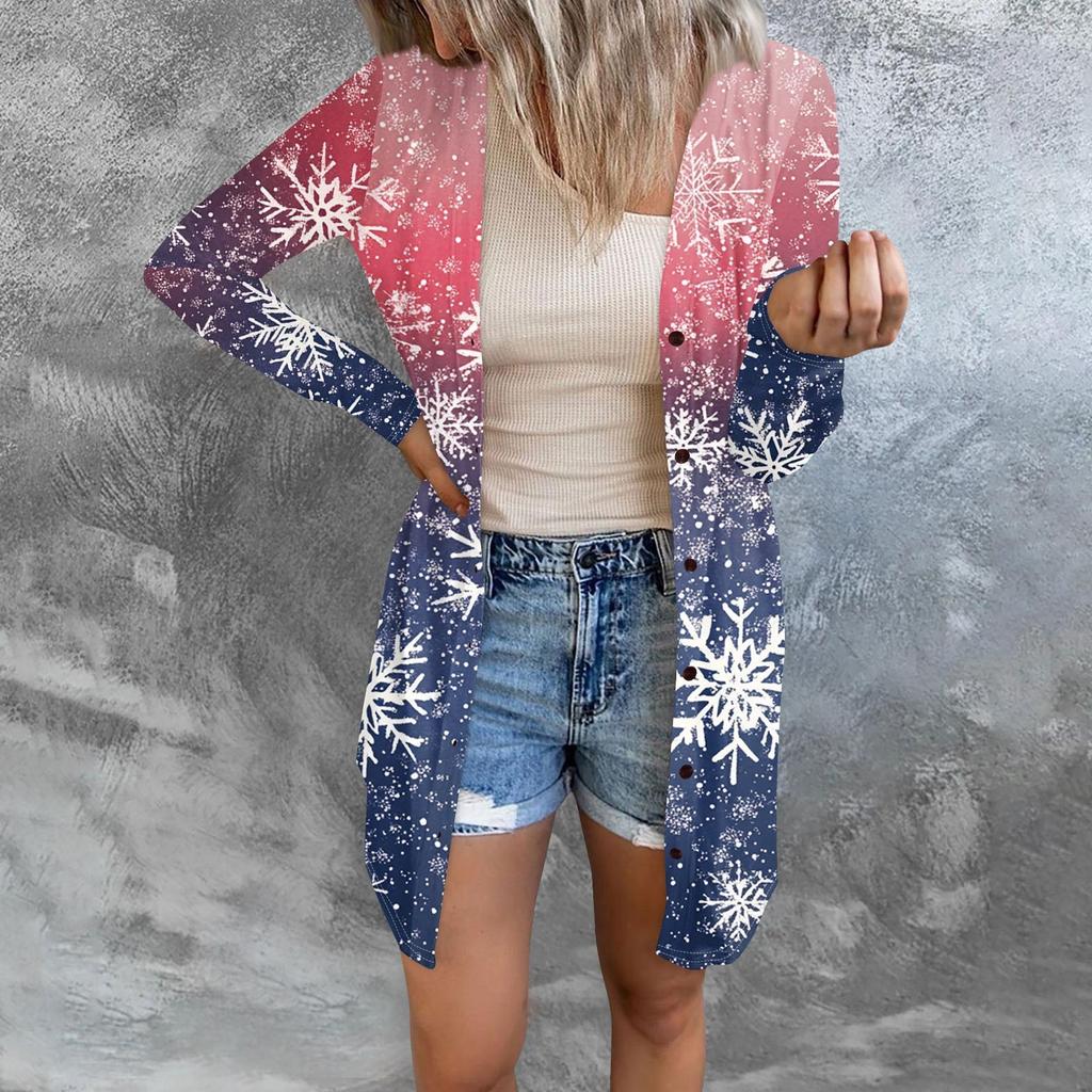 Women's Fashion Casual Long-sleeved Print Medium Length Cardigan Button Jacket Coat
