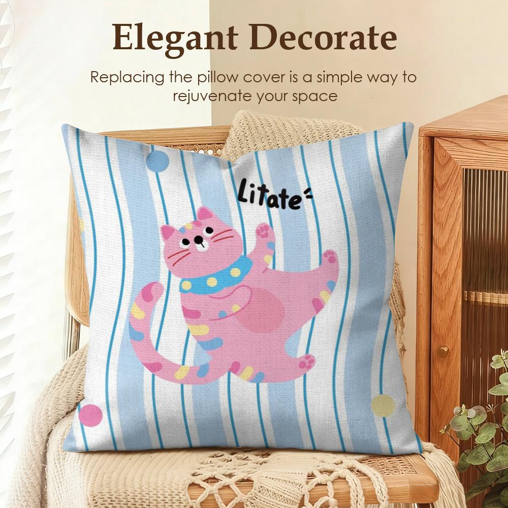 Kawaii Cute Cat Cushion Cover Natural Linen Organic Fabric DoubleSided Printing Sofa Home Decor Gift Pillow Case