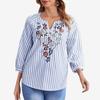 ZANZEA Women Casual V-neck 3/4 Sleeve Embroidery Stripe Blouse