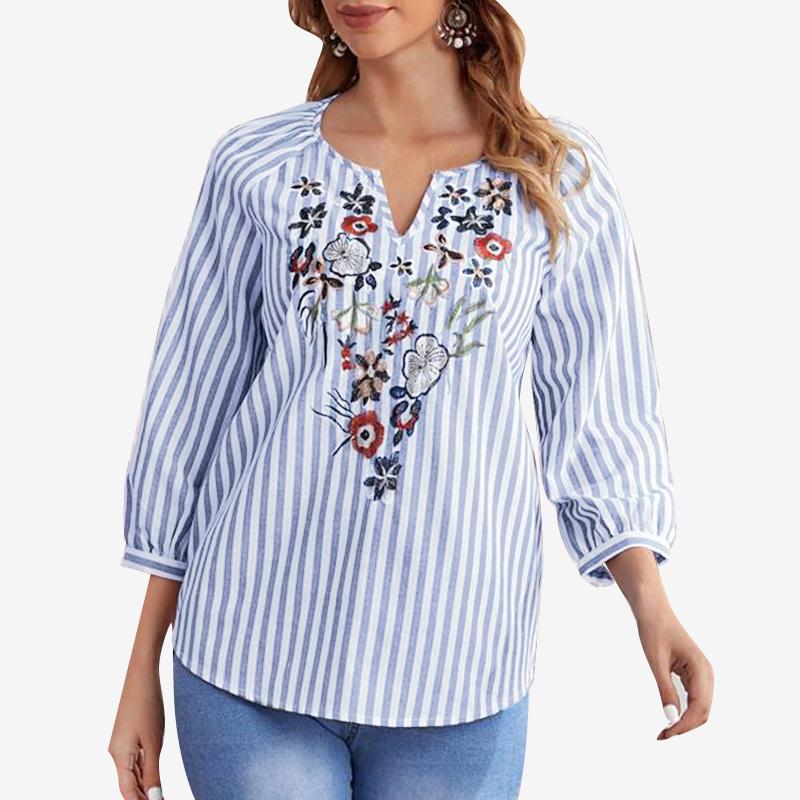 ZANZEA Women Casual V-neck 3/4 Sleeve Embroidery Stripe Blouse