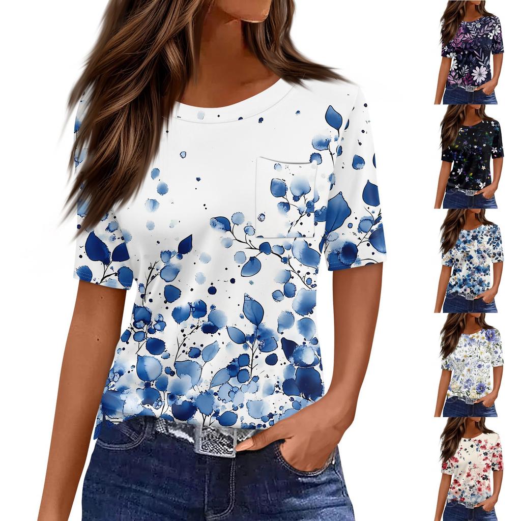 T Shirts For Women Round Neck Dressy Casual Blouses Printing Short Sleeve Summer Tops Loose Fit