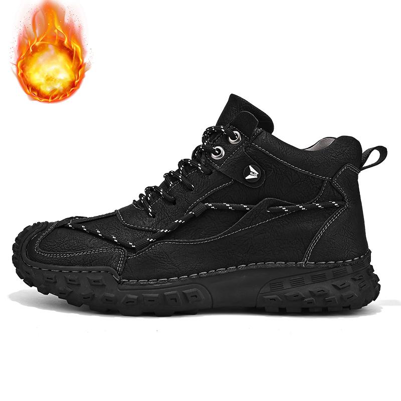 38-46 Модные зимние ботинки для мужчин, плюшевые кожаные ботинки с ручным швом, высокие походные ботинки, нескользящие, теплые, мужские ботинки, большие