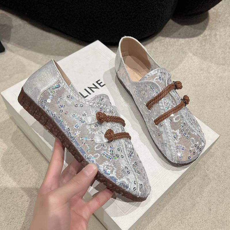 Женские сетчатые дышащие босоножки без застежек с круглым носком и пайетками, повседневная, модная, изящная и утягивающая женская обувь