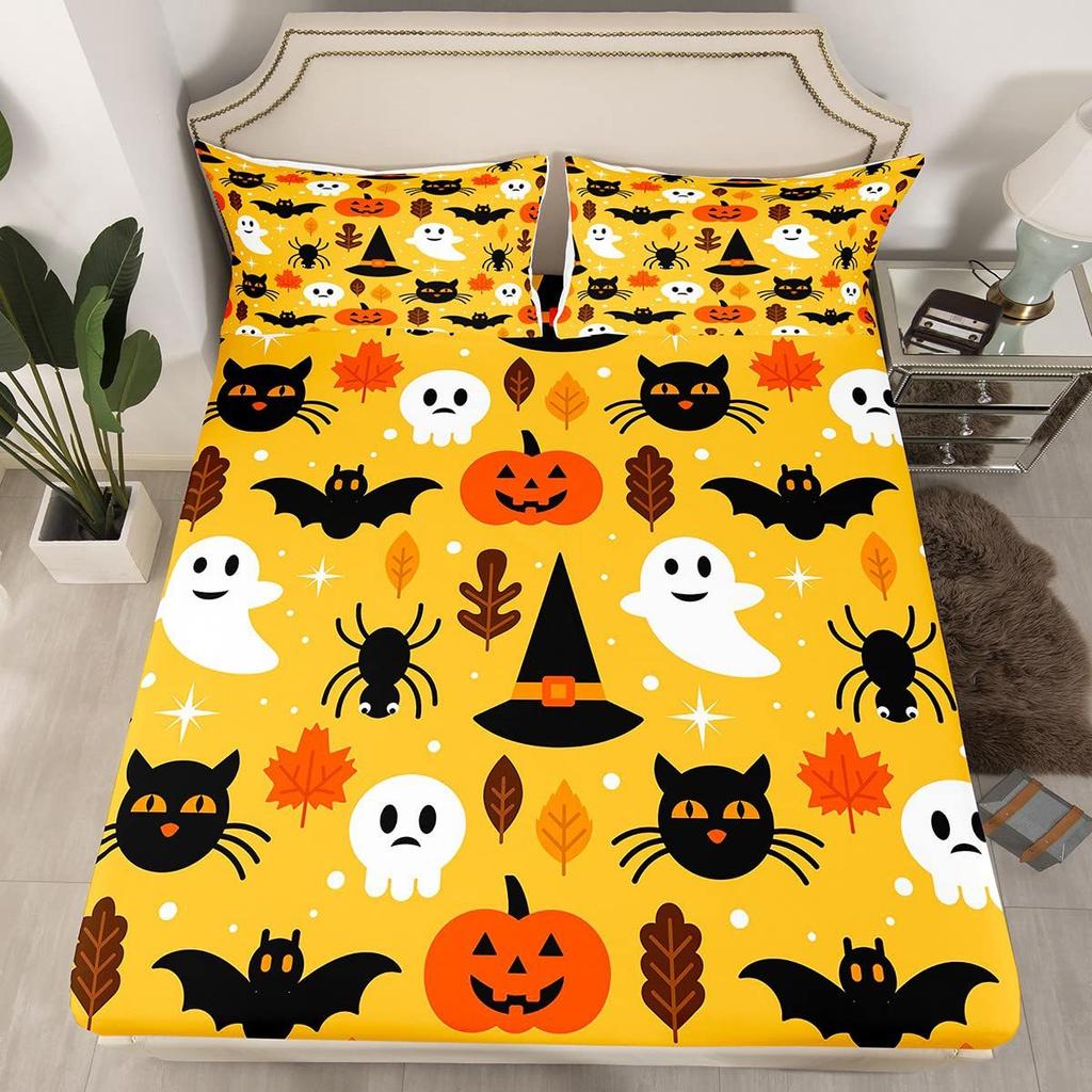 Halloween Pumpkin Ghost Bat Pattern Mattress Three-Piece Digital Printing Mattress Bedding Set