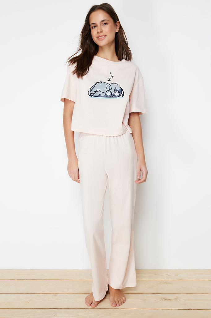 Women's Fashion New Pajama Set Powder 100% Cotton Elephant Printed Knitted Pajama Set