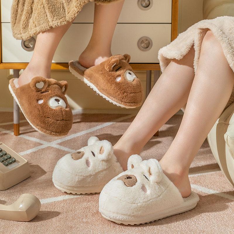 Unisex Cartoon Plush Slippers Women Men Autumn Winter Warm Thick Flannel Home Cotton Shoes Couple Cute Bear Slippers Indoor Boot