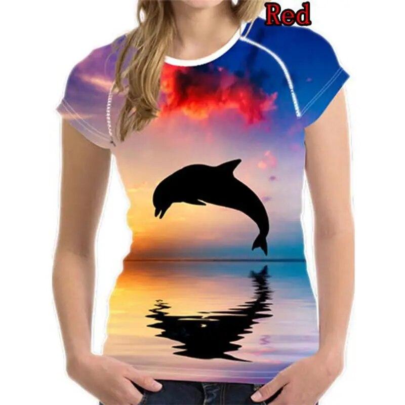 Новые женские модные летние повседневные футболки с короткими рукавами и круглым вырезом с 3d принтом, женские рубашки с дельфинами