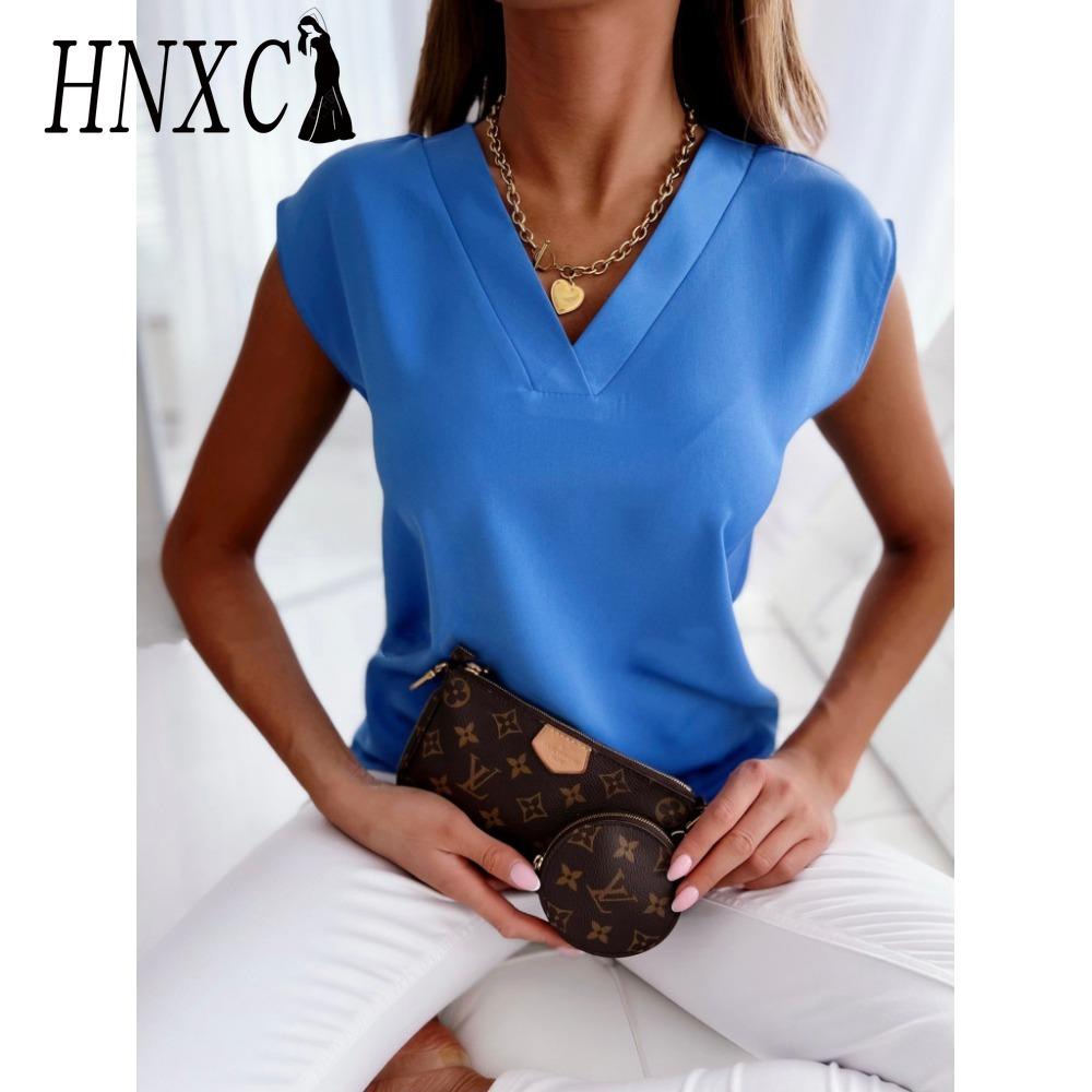 HNXC Женские модные повседневные летние однотонные блузки и рубашки с короткими рукавами и v-образным вырезом с принтом