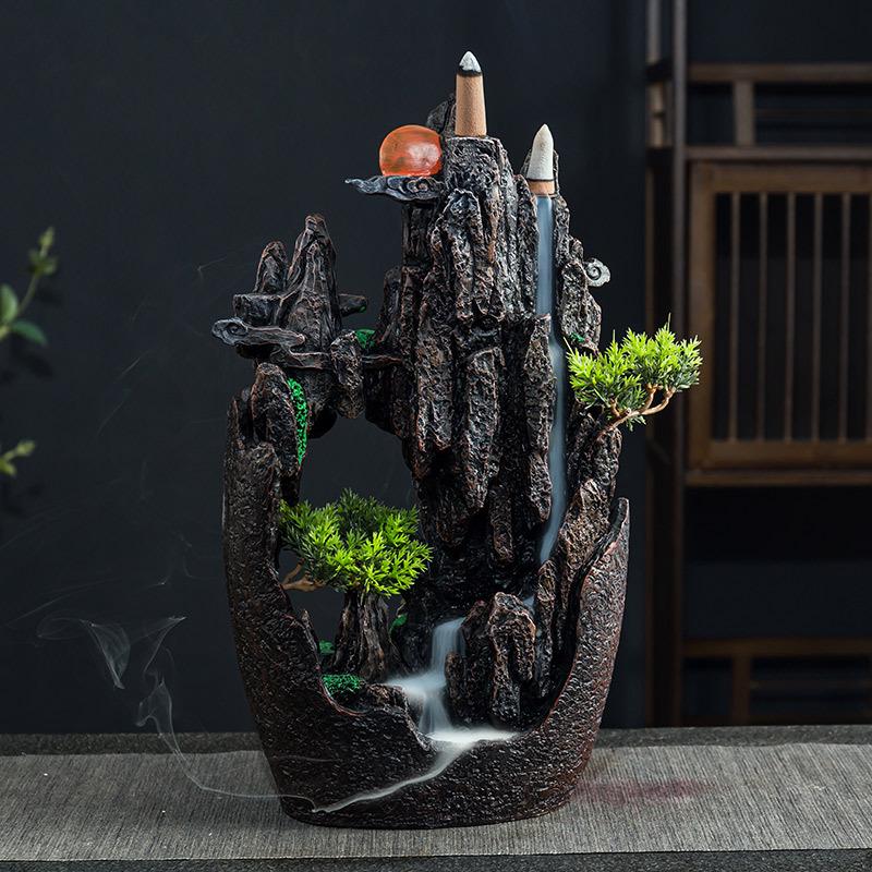 Creative Indoor Backflow Incense Burner: Mountain Stream Design with Agarwood & Sandalwood Aromatherapy for Home Decor