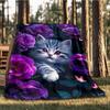 1pc Cat Roses Outdoor Blanket - Soft Flannel Cozy for Travel & Camping - All-Season Warm Bed Cover, Machine Washable yy251229102