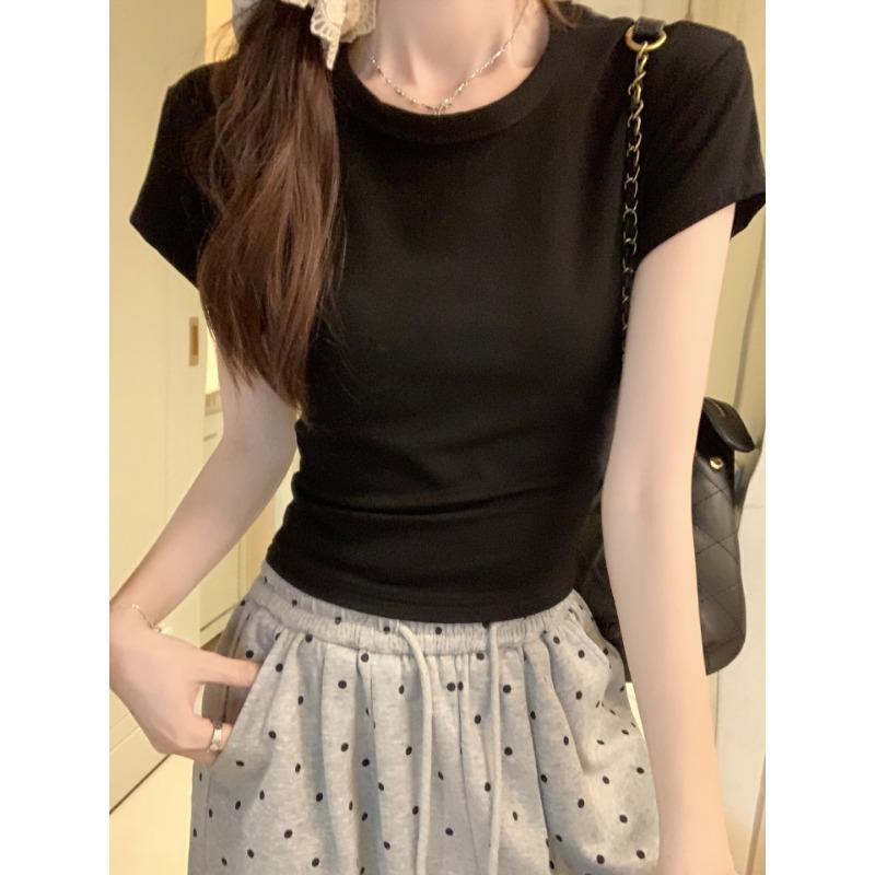 Футболка женская летняя новая однотонная приталенная с коротким рукавом и круглым вырезом на плечах