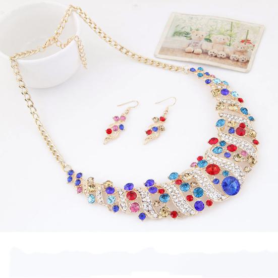 Women Rhinestone Spiral Bib Necklace Hook Earrings Statement Party Jewelry Set